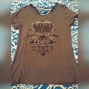NWO Tags. Harley Davidson Dressy Top. Embellishments and tie back. Size Lg Green